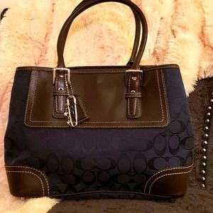 Coach Signature Navy blue and brown leather tote